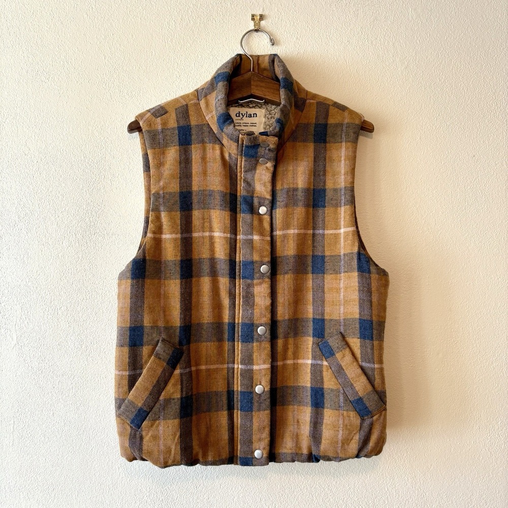 Dylan Los Angeles‎ blue & brown plaid linen blend faux shearling lined vest